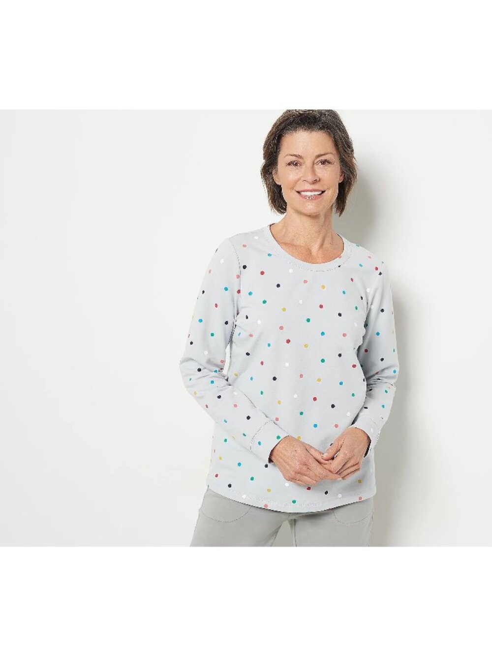 Sport Savvy Top XXS Polka Dot Pullover Light Gray Cotton Blend Lounge NEW